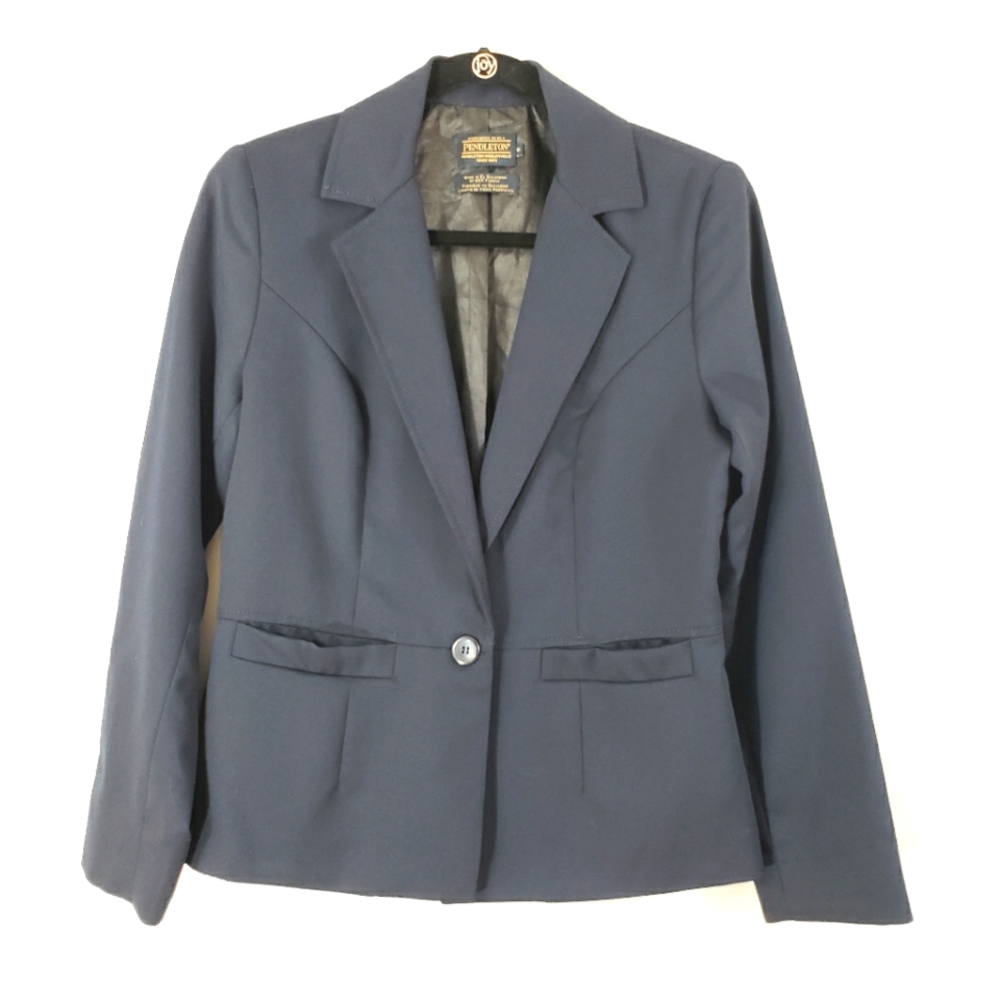 PENDLETON navy virgin wool peplum pleated blazer